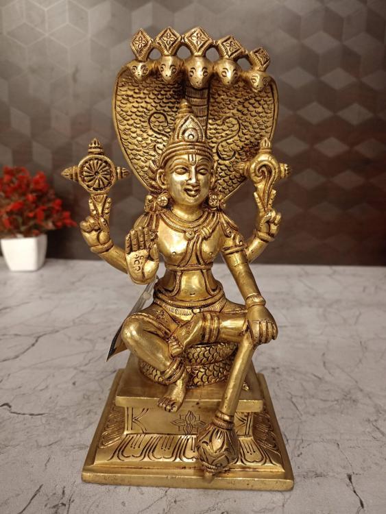 Brass Sitting Lord Vishnu with Snake Idol 9.5 Inch
