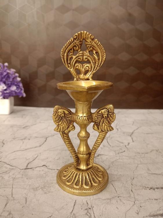 Buy Brass Designed Diya with Parrot 7.5 Inches Traditional Brass Pooja Lamp