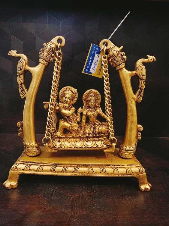 Brass Radha Krishna Swing Idol 10 Inch – Peacock Jhula Design Antique Brass Statue