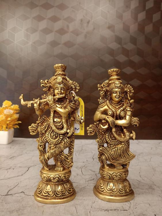 Brass Radha Krishna Pair Idol 9 Inch – Antique Brass Statue for Home Décor & Temple