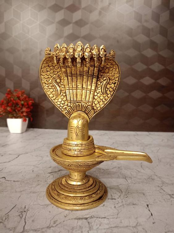 Premium Brass Shiva Lingam with Snake (Naga) Idol – 8.5 Inch | Handmade Lord Shiva Pooja Statue
