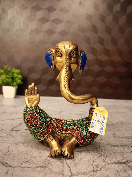 Brass Modern Ganesha Stonework Statue 6 Inch | Antique Brass Ganesh Idol for Home & Office