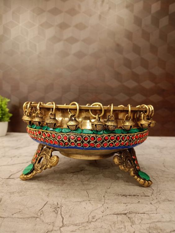 Buy Brass Stone Uruli with Bells 4.5 Inches – Premium Decorative Brass Uruli for Home Décor