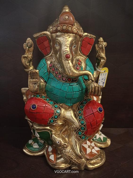 Brass Ganesha on Lotus Idol Multicolour Stone Finish 9.5 Inches