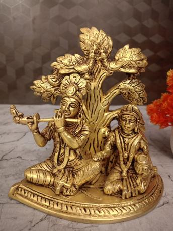Brass Radha Krishna Under Tree Statue 7.5 Inch
