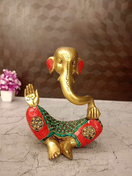 Brass Stone Modern Ganesha Statue 8 Inch | Antique Brass Ganesh Idol for Home & Office