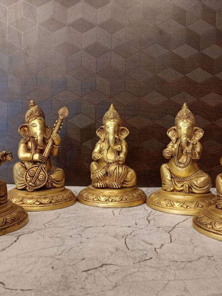 Brass Ganesha Music Set 7 Inch | Antique Brass Ganesha Statue for Gifts & Home Décor