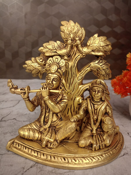 Brass Radha Krishna Under Tree Statue 7.5 Inch