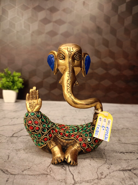 Brass Modern Ganesha Stonework Statue 6 Inch | Antique Brass Ganesh Idol for Home & Office