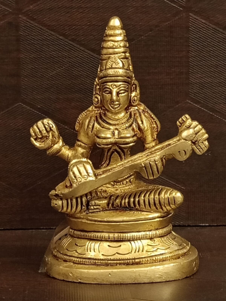 Buy Brass Goddess Saraswathi Idol for Pooja 3.5 Inch | Handcrafted Antique Finish Brass Murti