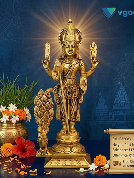 Brass Murugan Idol with Peacock on Square Base 14.5 Inch – Antique Brass Statue