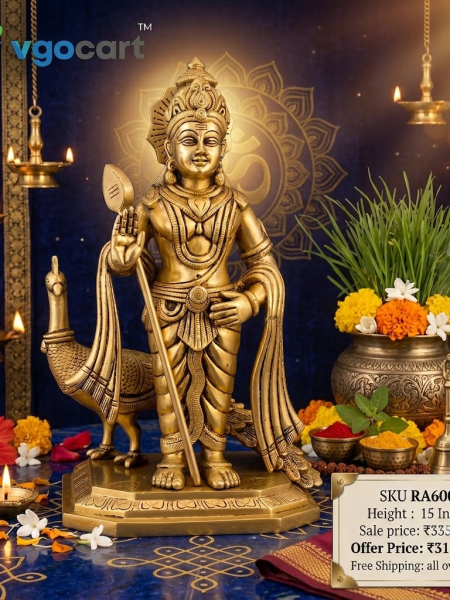 Brass Murugan Idol with Peacock 15 Inch – Antique Brass Statue for Home Temple & Décor