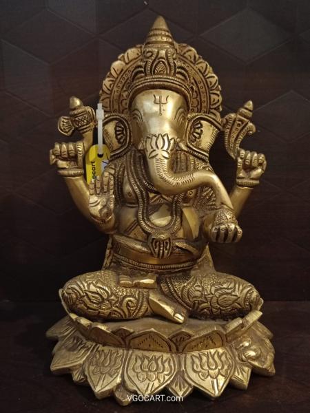 Brass Ganesha Sitting on Lotus Base Idol 8 Inches | Antique Finish Brass God Idol
