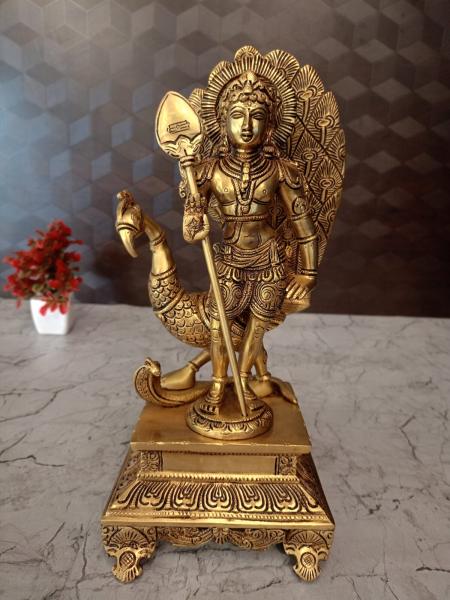 Lord Murugan with Peacock Brass Statue 12 Inches
