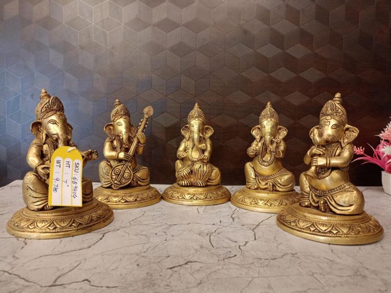 Brass Ganesha Music Set 7 Inch | Antique Brass Ganesha Statue for Gifts & Home Décor