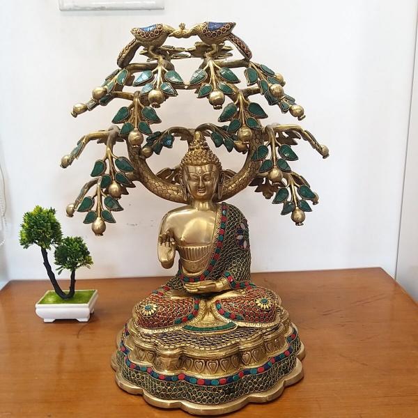 Brass Stone Work Tree Buddha Blessing Idol 22 Inches