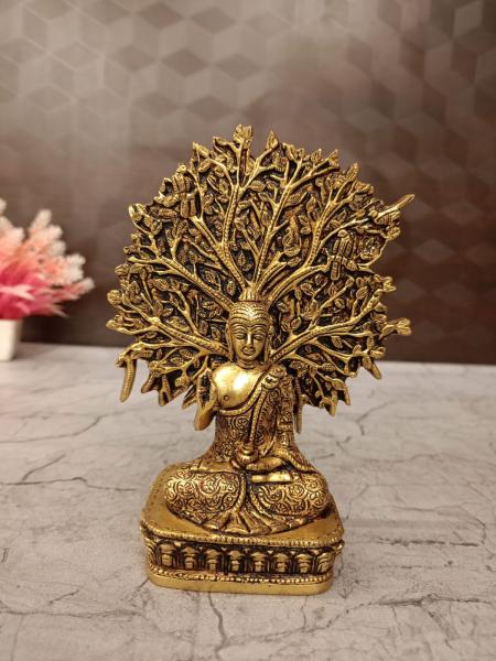 Brass Buddha Under Bodhi Tree Statue 6.5 Inch | Premium Handmade Brass Buddha Idol