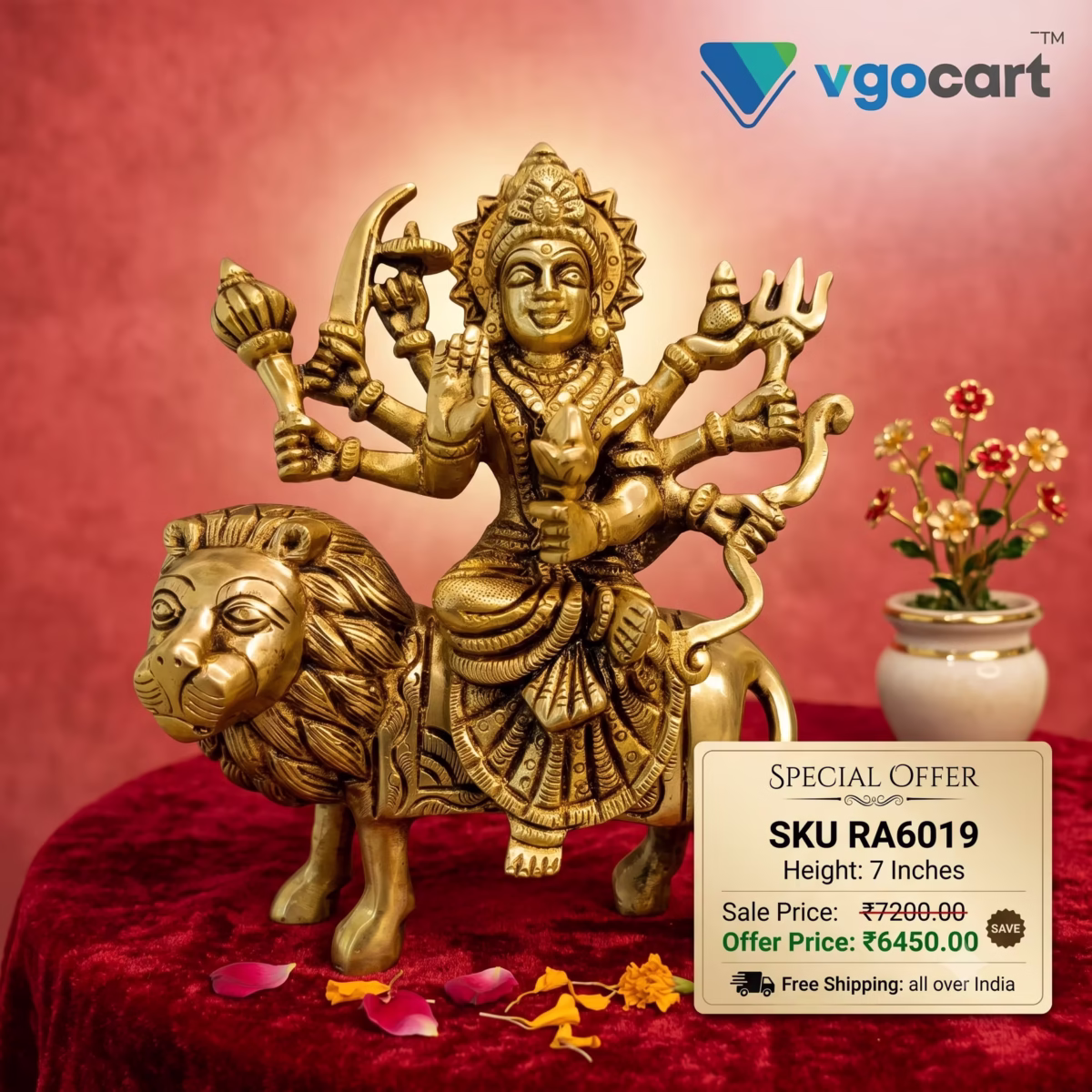 Brass Durgai Amman Idol 7 Inch – Premium Handcrafted Hindu Goddess Statue for Home & Pooja