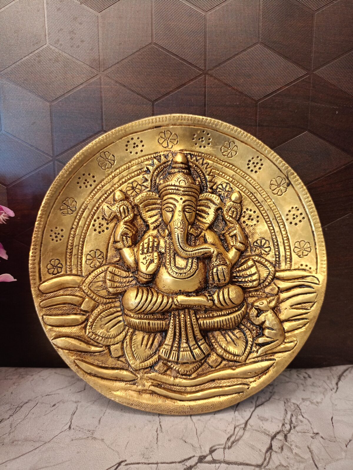 Brass Ganesha Round Wall Hanging 7 Inch | Antique Brass Lord Ganesha Wall Decor