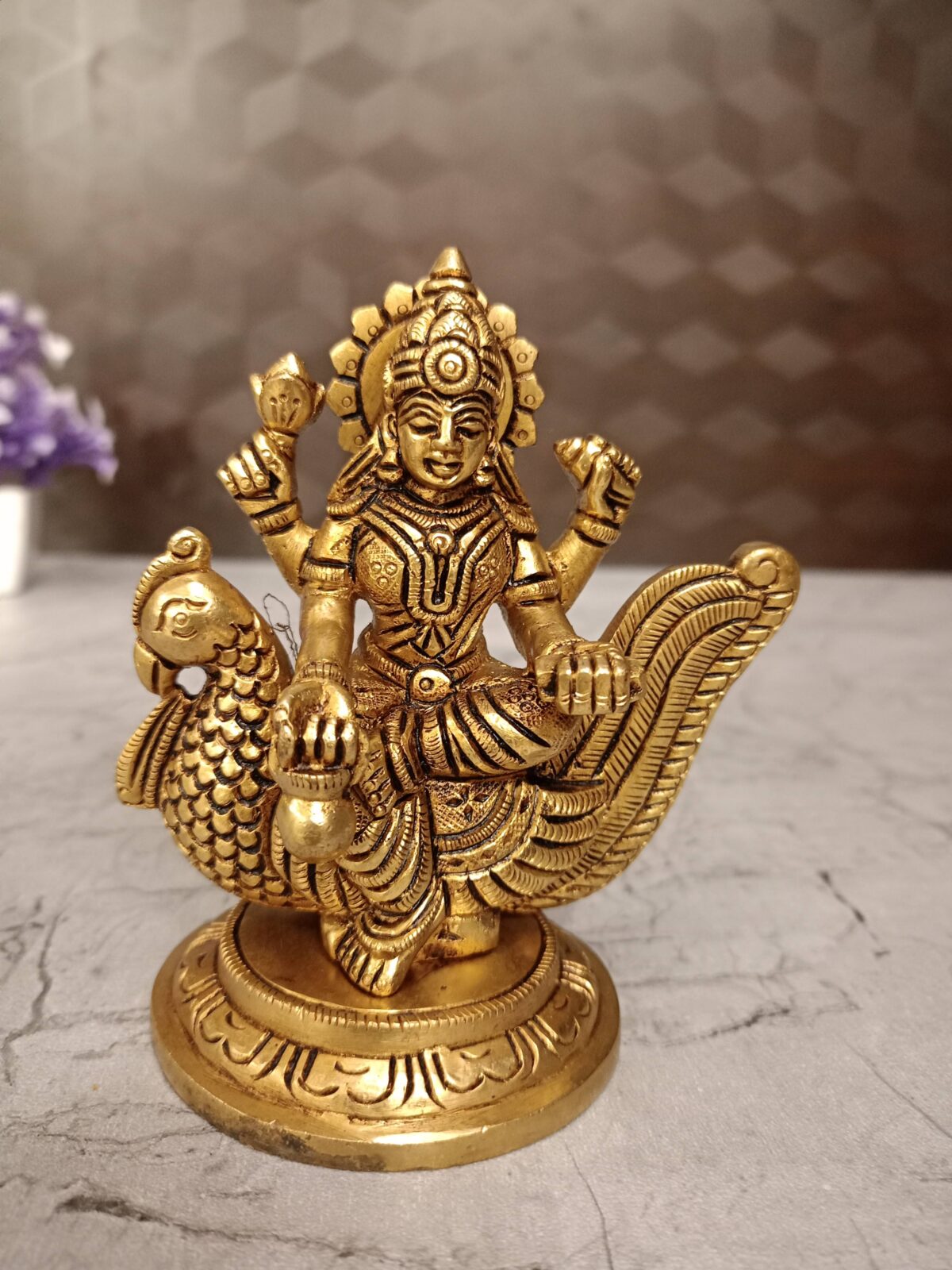 Brass Gayathri Devi Sitting on Annam Statue 4.5 Inch – Handcrafted Brass Goddess Idol for Home & Pooja