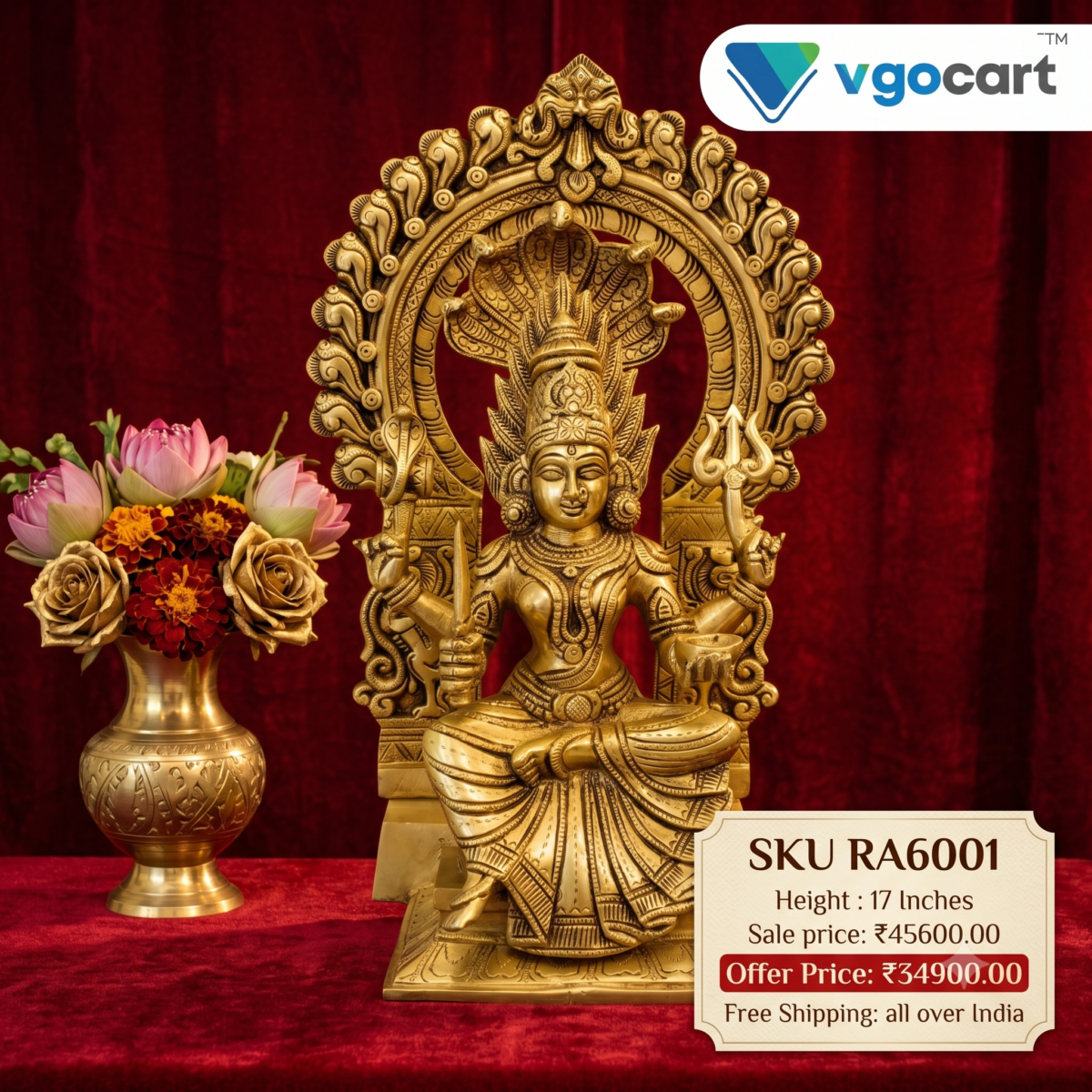 Brass Karumaari Amman Idol 17 Inch | Antique Brass Goddess Statue