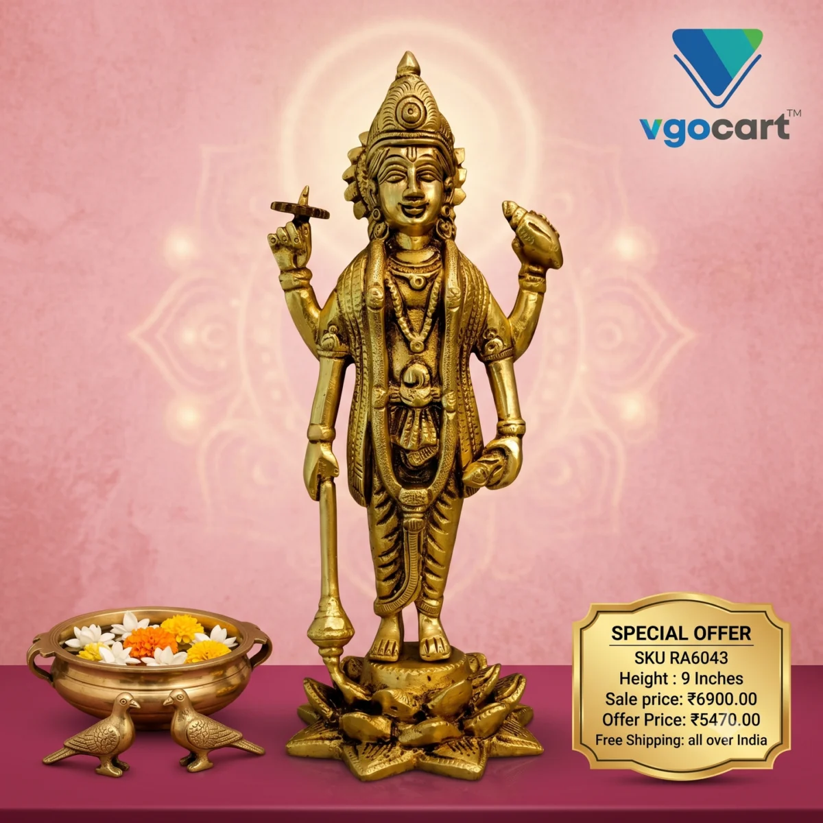 Buy Brass Vishnu Standing on Lotus Idol 9 Inch for Home & Pooja