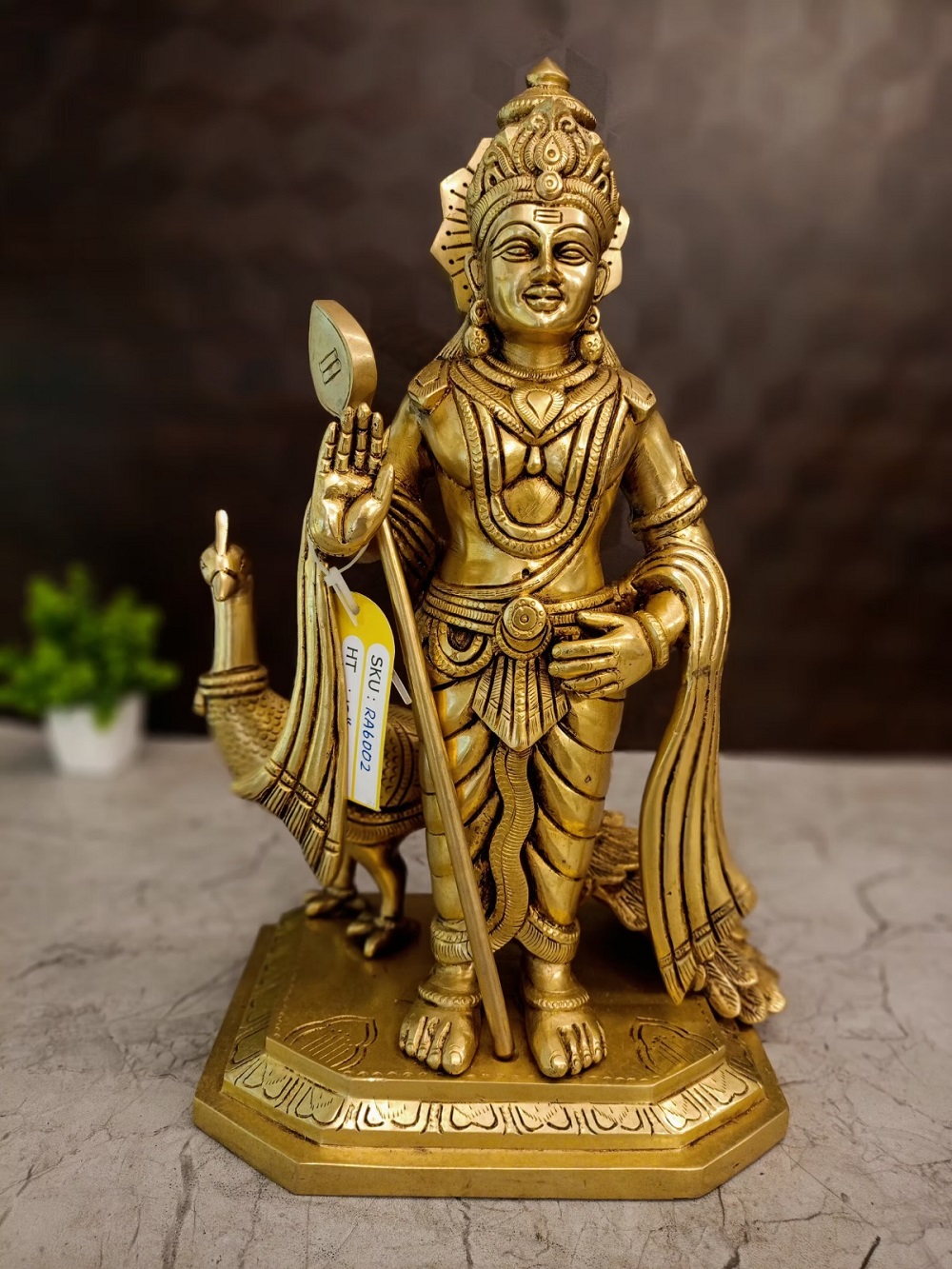 Brass Murugan With Peacock 15"