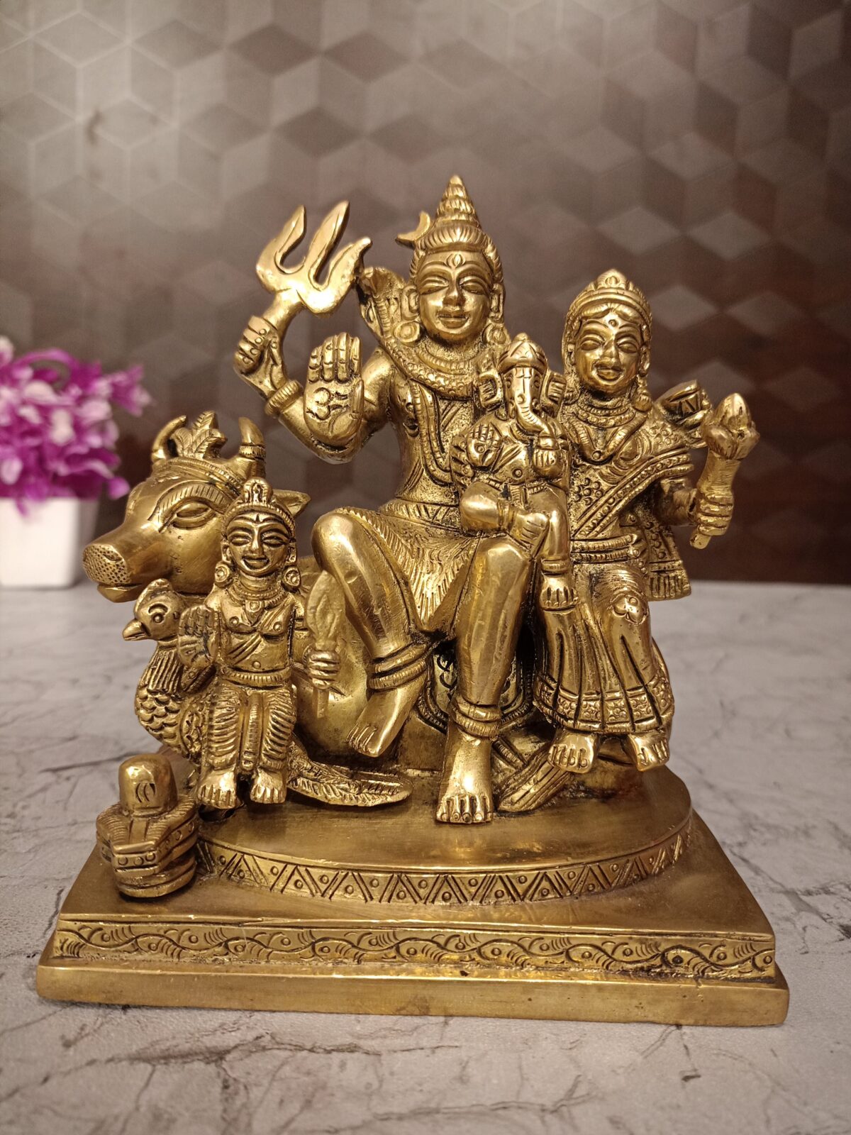 Premium Brass Shiva Family with Nandi Idol 6 Inch for Pooja