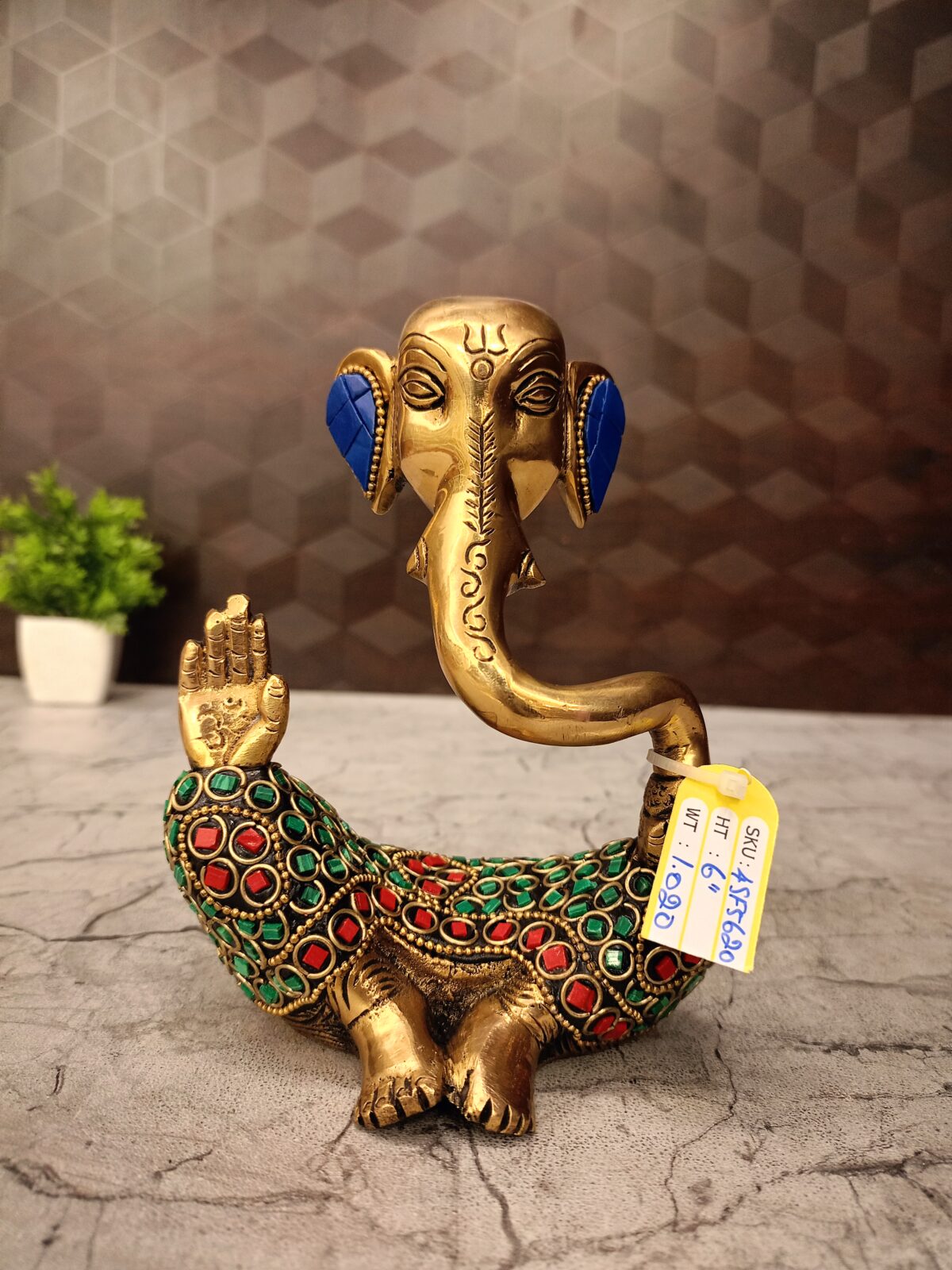 Brass Modern Ganesha Stonework Statue 6 Inch | Antique Brass Ganesh Idol for Home & Office