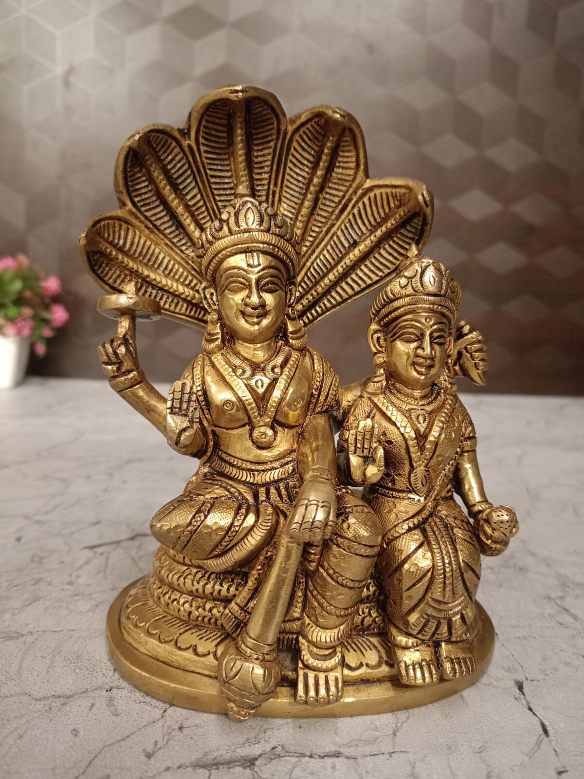 Brass Lord Vishnu and Lakshmi on Sheshnag Idol 6.5 Inch