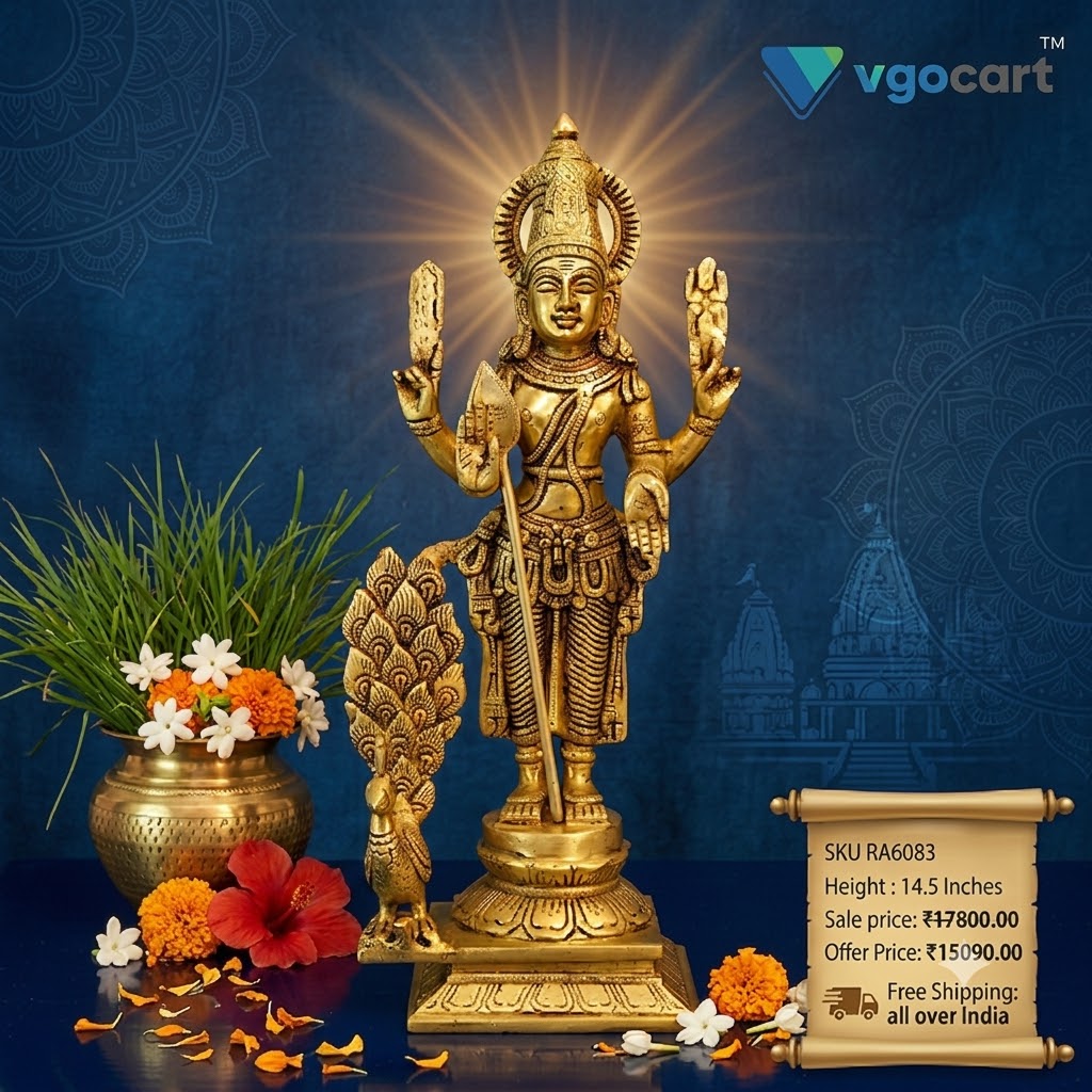 Brass Murugan Idol with Peacock on Square Base 14.5 Inch – Antique Brass Statue