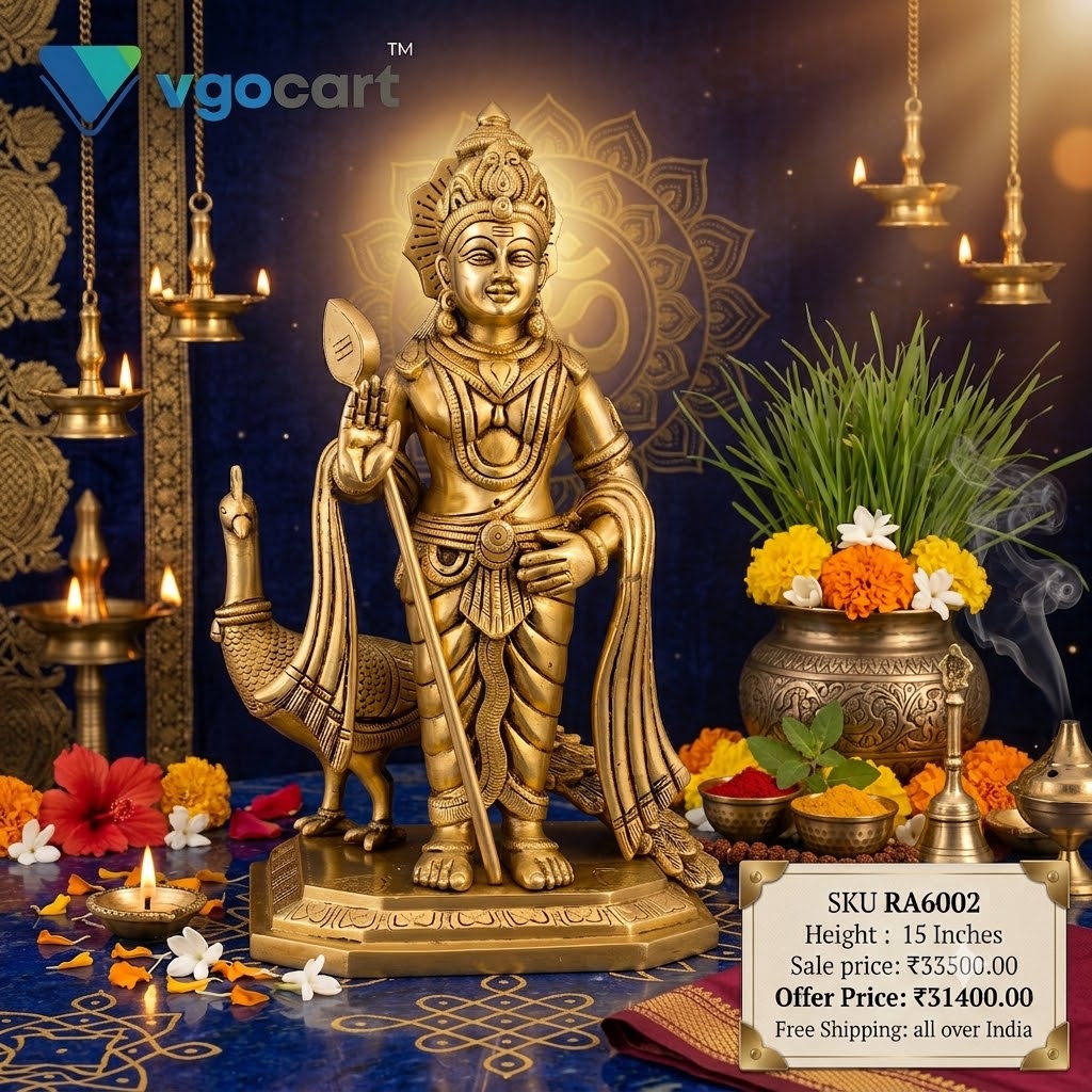 Brass Murugan Idol with Peacock 15 Inch – Antique Brass Statue for Home Temple & Décor